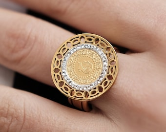 Grote muntring | Vergulde roestvrijstalen ring, handgemaakte sieraden Cadeaus voor haar