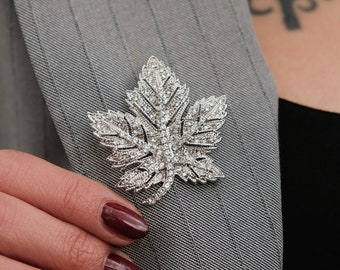 Maple Silver Leaf Brooch Lapel Pin, Autumn Floral Costume Jewelry, Handcrafted Nature Jewelry with Zircon Gemstone, Jewelry Gift For Mom