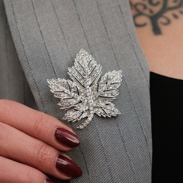 Maple Silver Leaf Brooch Lapel Pin, Autumn Floral Costume Jewelry, Handcrafted Nature Jewelry with Zircon Gemstone, Jewelry Gift For Mom