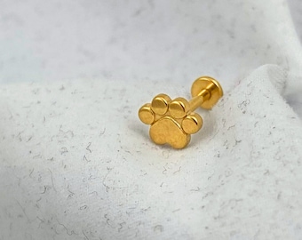 Paw Print Tragus Stud Earring: Gold Plated Titanium, Animal Lover Gift