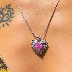 Collar de corazón rosa / collar de acero inoxidable plateado con piedra preciosa, regalo delicado para ella