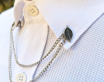Leaf Collar Chain Pin, Silver Plated Costume Jewelry, Handmade Floral Chain Brooch