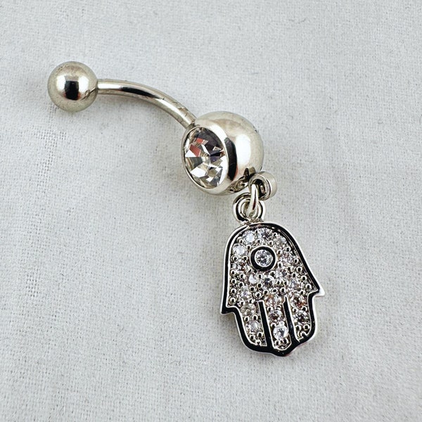 Hamsa Dangle Belly Button Rings || Surgical Steel Piercing - Unique Navel Jewelry - Handcrafted Body Accessories - Jewellery for Wedding Day