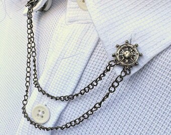 Rudder Collar Pin | Silver Plated Brass Costume Jewelry, Sailor Jewelry Gifts