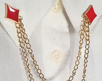Épingle de col de chemise en chaîne dorée | Épingles de col rouges - Bijoux fantaisie collier chaîne torsadée - Broche de bijoux fantaisie vintage - Cadeau unique unisexe