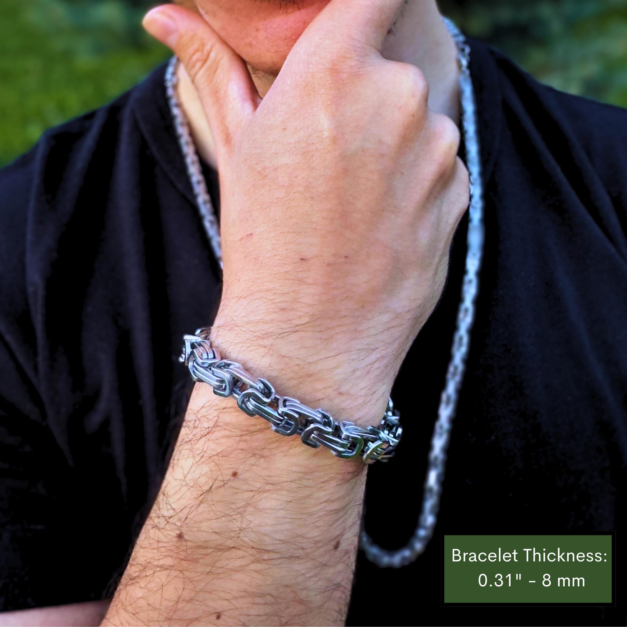 【期間限定10％OFF 2,750円→2,475円】2/13 10時まで！ステンレス ごつめチェーン ネックレス 幅5mm メンズネックレス  ビザンチンチェーン スクエア ごつい シンプル 普段使い シルバー 銀 金属アレルギー対応 Aroncent メンズ バイキング ビザンチン ブレスレット: ステンレススチール キューバ チェーン ブレスレット イヤリング付