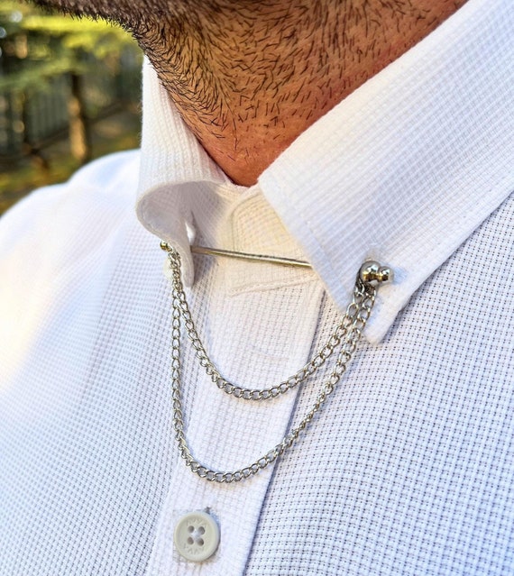 Silver Collar Chain Pin, Shirt Collar Bar, Unisex Brass Brooches, Wedding Jewelry Men