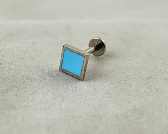 Light Blue Square Flat Back Earring | Surgical Steel Tragus, Cartilage Earring, Unisex Jewelry Gift
