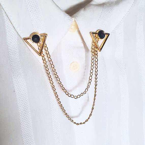 Triangle Collar Chain Pin, Gold Plated Costume Jewelry, Unisex Jewelry Gifts
