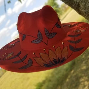 Rust Orange and Blue Floral Burned Embroidered Rancher Hat