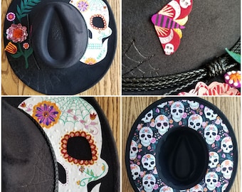 Skull & Floral Hand Painted Tan Vegan Suede Hat Large - Etsy display picture 3