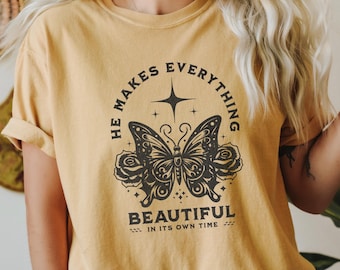 Comfortkleuren christelijk shirt, hij maakt alles mooi shirt, bijbelvers T-shirt, shirt botanische kunst, shirt christelijke kunst, shirt kerk, shirt kerk
