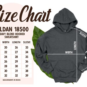May include: A dark gray hooded sweatshirt with a front pocket, displayed with a size chart. The chart shows measurements in inches for width, length, and sleeve length, ranging from size small to 4XL. The text "Size Chart" is at the top.
