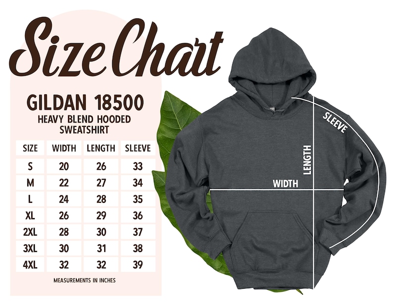 May include: A dark gray hooded sweatshirt with a front pocket, displayed with a size chart. The chart shows measurements in inches for width, length, and sleeve length, ranging from size small to 4XL. The text "Size Chart" is at the top.
