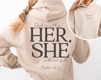 Sudadera con capucha con versículos bíblicos estéticos, regalo cristiano, sudadera con capucha con parte delantera y trasera, no caerá Dios está dentro de ella