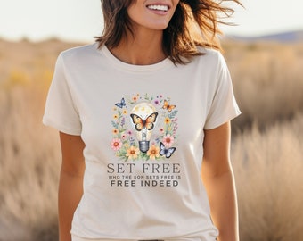 Set Free Boho Christian Shirts Christian TShirts Bible Verse Shirt Trendy Christians T Shirts Jesus Apparel Faith Based Shirt His Church T