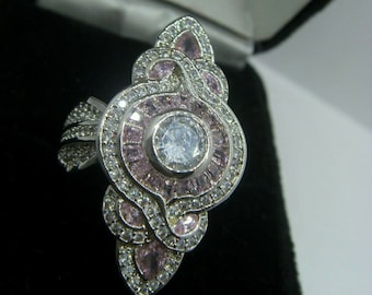 Art-Deco design stunning halo CZ pink topaz and signity diamond ring, 9k GF, Free postage