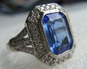 Art-Deco Design ~6ct CZ blue topaz and Signity Diamond Ring, 14k GF, O, Geomtric, Free postage