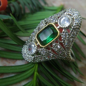 Art-Deco Antique Design Two Tone Elongated Emerald Cut and Signity Diamond Ring, 14k GF, P image 7