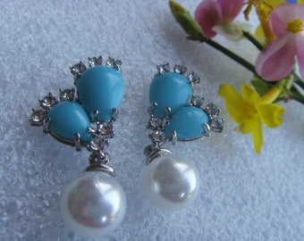 Art-Deco Design Simulated Turquoise, Signity Diamond &Pearl Earrings, 9k GP, Free Postage, Promotional item from a new shop