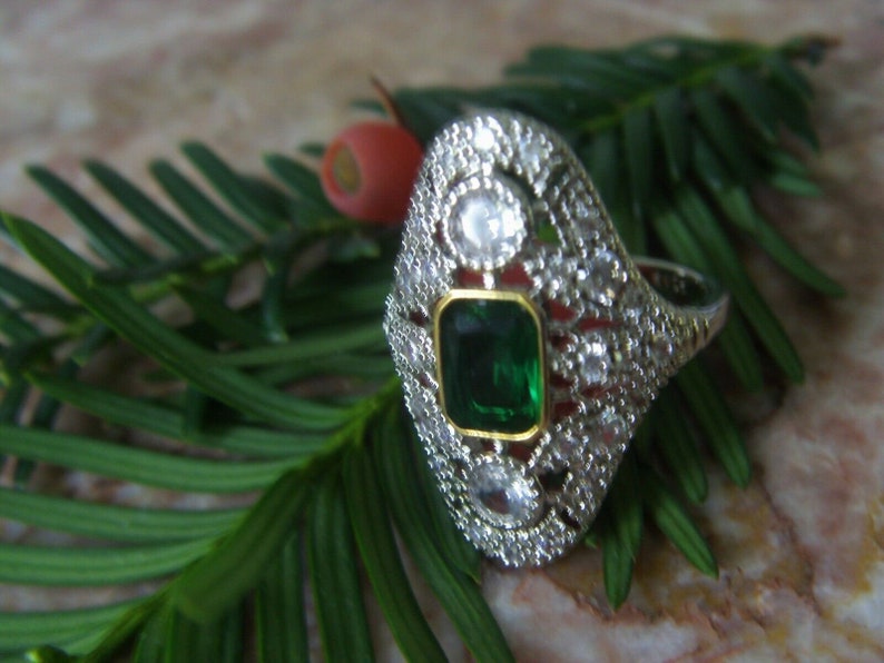 Art-Deco Antique Design Two Tone Elongated Emerald Cut and Signity Diamond Ring, 14k GF, P image 1