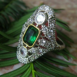 Art-Deco Antique Design Two Tone Elongated Emerald Cut and Signity Diamond Ring, 14k GF, P image 6