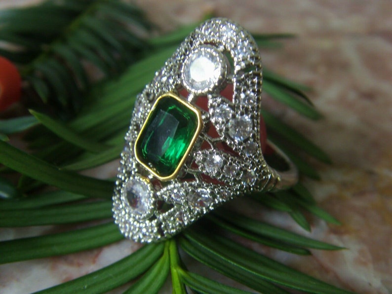 Art-Deco Antique Design Two Tone Elongated Emerald Cut and Signity Diamond Ring, 14k GF, P image 6