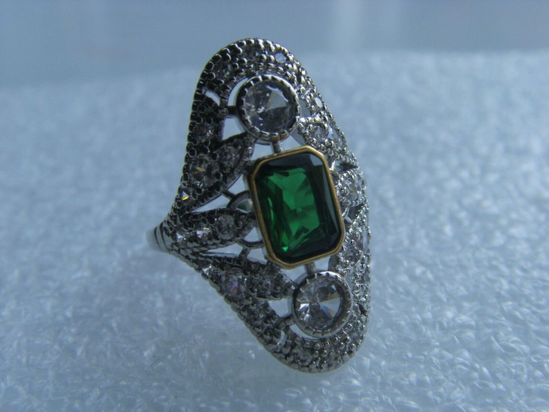 Art-Deco Antique Design Two Tone Elongated Emerald Cut and Signity Diamond Ring, 14k GF, P image 2