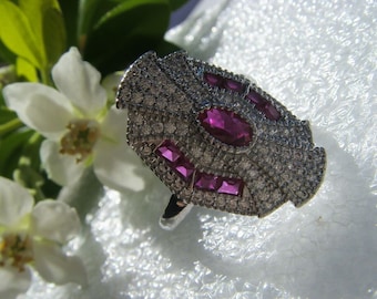 Art Deco design Oval Cut Signity Diamod and Pink Topaz Ring, 14k GF, RRP 89 Pounds, from a collection,  Low price, free postage