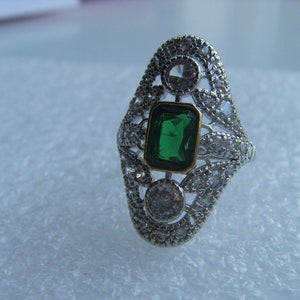 Art-Deco Antique Design Two Tone Elongated Emerald Cut and Signity Diamond Ring, 14k GF, P image 5