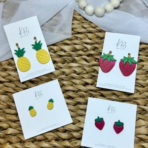 Pineapple Dangle and Stud | Strawberry Dage and Stud | Summer Earrings  | Fruit | Lightweight Polymer Clay Earrings | Hypoallergenic