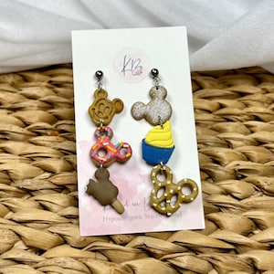 Mouse Head Snack Dangle |  beignet | pretzel | donut | waffle | pineapple | ice cream | lightweight Polymer Clay Earrings | Hypoallergenic