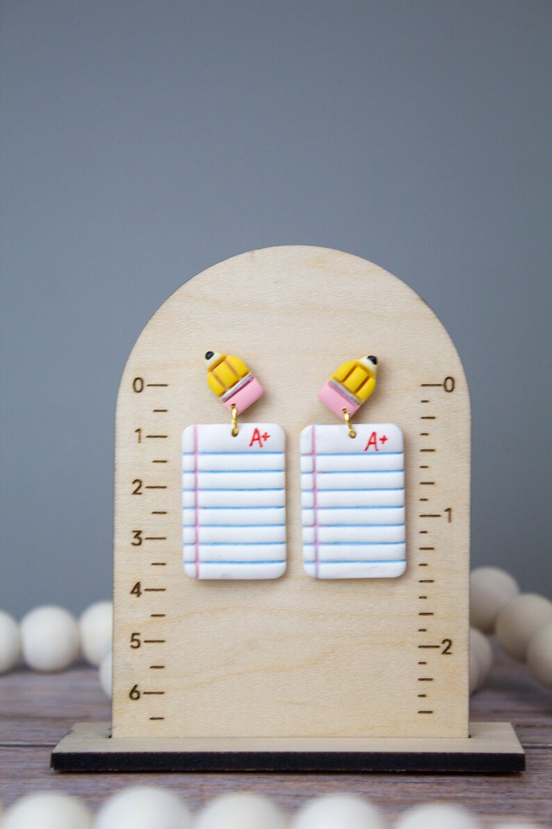 Wooden Pencil & Stack Of Books Dangle Earrings - Handmade Librarian Teacher Gift, Hook Earrings For Women - View #12