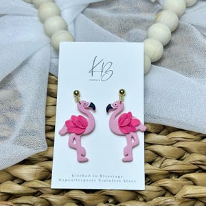 Pink Flamingo Dangle | Summer Jewelry | Zoo Animal | Pink Bird | Lightweight Polymer Clay Earrings | Hypoallergenic