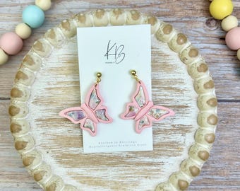 Pendientes con incrustaciones de mariposa y estampado floral / Estampado floral / Primavera de Pascua / Arcilla polimérica ligera / Hipoalergénicos
