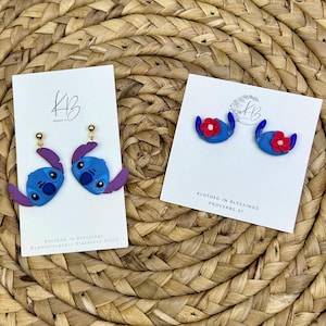 Little Blue Alien Troublemaker Dangle | Blue Alien Troublemaker Floral Stud | Lightweight Polymer Clay Earrings | Hypoallergenic