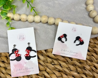Mouse Ear Dangles | Polymer Clay Earrings with Bow | Hypoallergenic