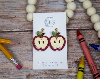 Half Eaten Apple  Dangle | Teacher Earrings | 2 Piece Apple Dangle Earrings | School Earrings | Lightweight Polymer Clay | Hypoallergenic