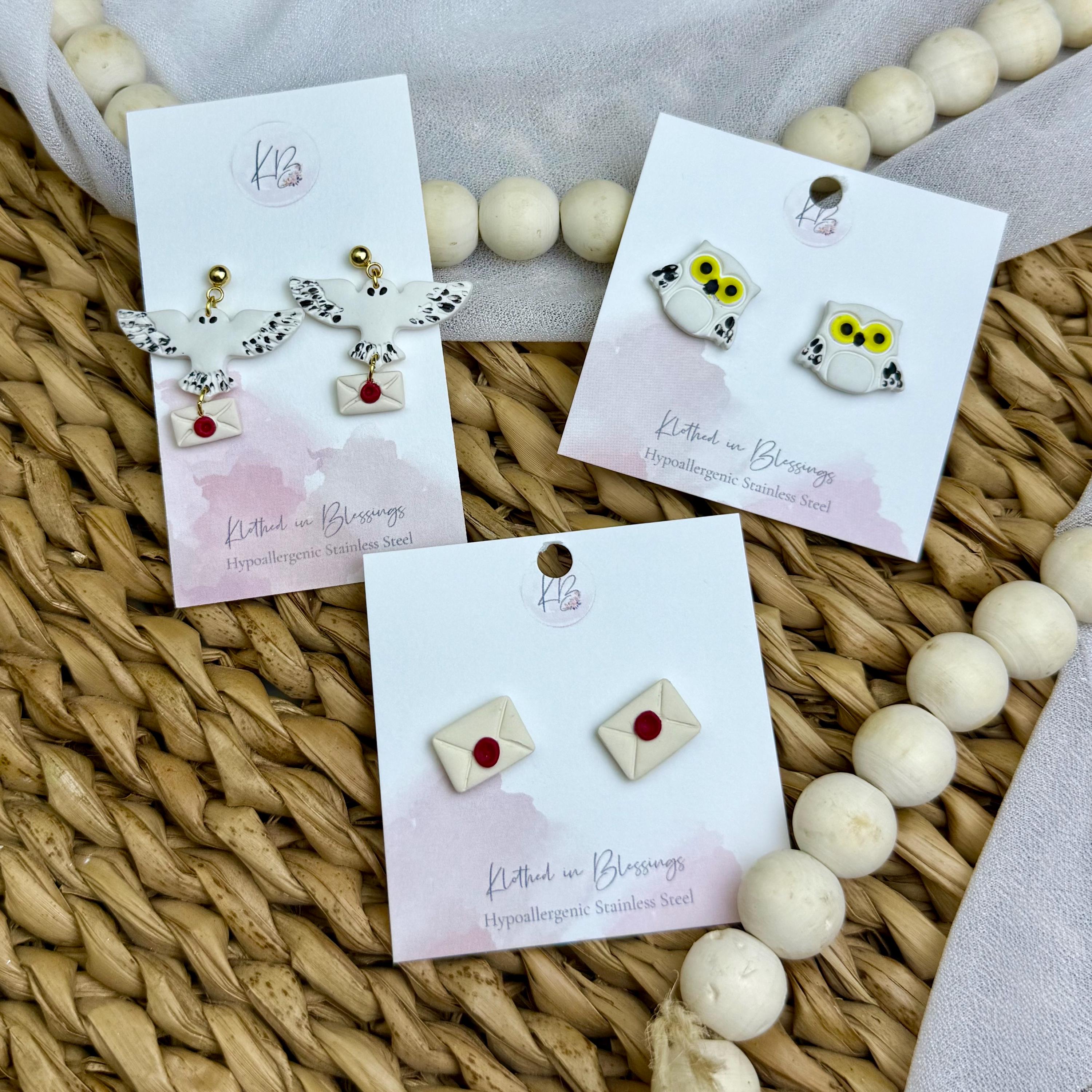 Snowy Owl Earrings | Wizard School Letter, Hypoallergenic Studs