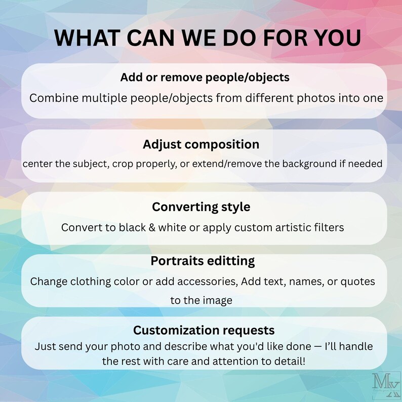 May include: A graphic with the text "WHAT CAN WE DO FOR YOU" and a list of services: adding/removing objects, adjusting composition, converting style, portrait editing, and customization requests. The background has a gradient of pink, blue, and purple.