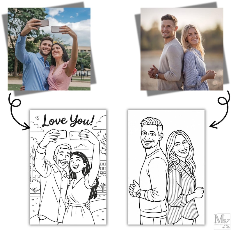May include: A collection of images featuring couples. One image shows a couple taking a selfie, while another depicts a couple standing back-to-back. The images include a black and white coloring page with the text "Love You!"