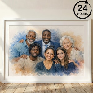 Può includere: Un ritratto ad acquerello incorniciato di una famiglia di sette persone, con un bordo bianco. L'opera presenta una morbida tavolozza di colori misti di blu, beige e marrone. L'immagine include il testo "24 HOURS" in un cerchio nero.