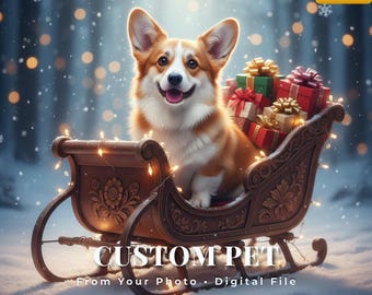 Custom Pet in Christmas Scene | Personalized Dog/Cat Portrait from Photo | Holiday Wall Art Print | Xmas Gift for Pet Lovers