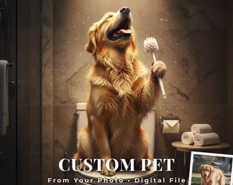 Custom Pet Portrait, Funny Posters Pooping Print, Dog Spa Bathroom Portrait , Pet in Toilet, Dog Bathroom, Personalized Pet Bathroom Gift