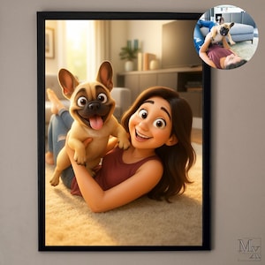 May include: A framed digital illustration of a woman and a dog. The woman is smiling and holding a light brown French Bulldog. The dog is smiling with its tongue out. The woman is wearing a maroon vest top.