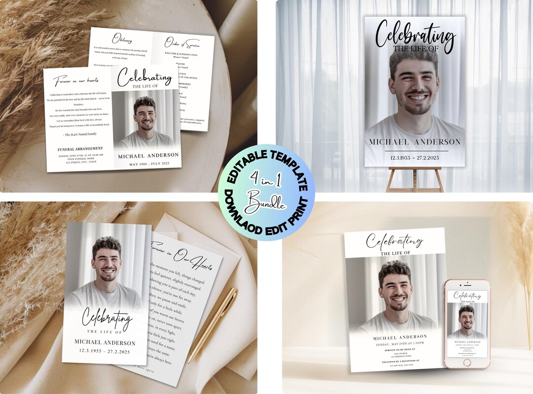 Editable Funeral Template Bundle, Celebration of Life Set, Minimalist ...