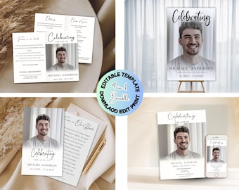 Editable Funeral Template Bundle, Celebration of Life Set, Minimalist Funeral Template Set, Funeral Invitation & Program Set, Funeral Bundle
