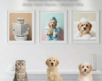 Custom Pet Bathroom Portrait Photo | Funny Dog on Toilet Wall Art | Personalized Pet Lover Gift, Pet Home Decor, Printable Poster