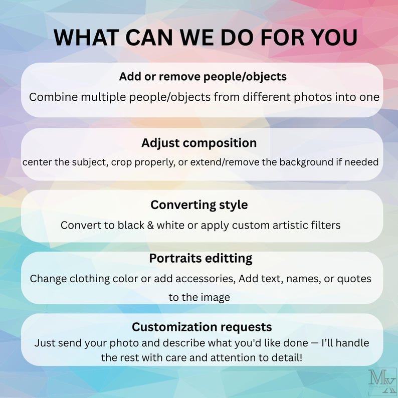 May include: A graphic with the text "WHAT CAN WE DO FOR YOU" and a list of services: adding/removing objects, adjusting composition, converting style, portrait editing, and customization requests. The background has a gradient of pink, blue, and purple.