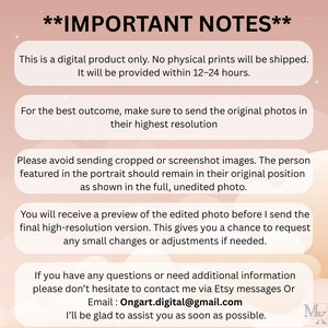 May include: A digital product notice with text in a light pink and white design. The text includes information about the product being digital, the delivery time, and instructions for sending photos. Contact information is also provided.